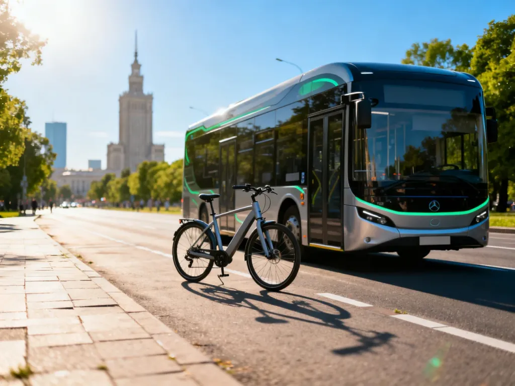 Nowoczesny autobus elektryczny i rower na tle warszawskiej architektury, symbolizujące ekologiczny transport w mieście.
