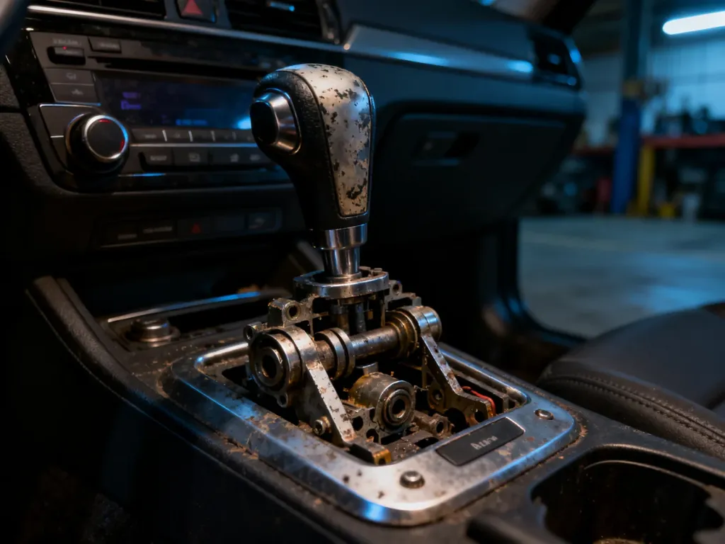 Zbliżenie na uszkodzony mechanizm wybieraka skrzyni biegów z widocznymi zużytymi elementami metalowymi.