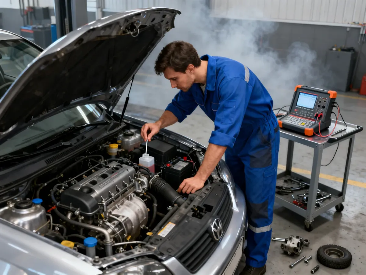Mechanik diagnozujący silnik benzynowy i sprawdzający poziom płynów