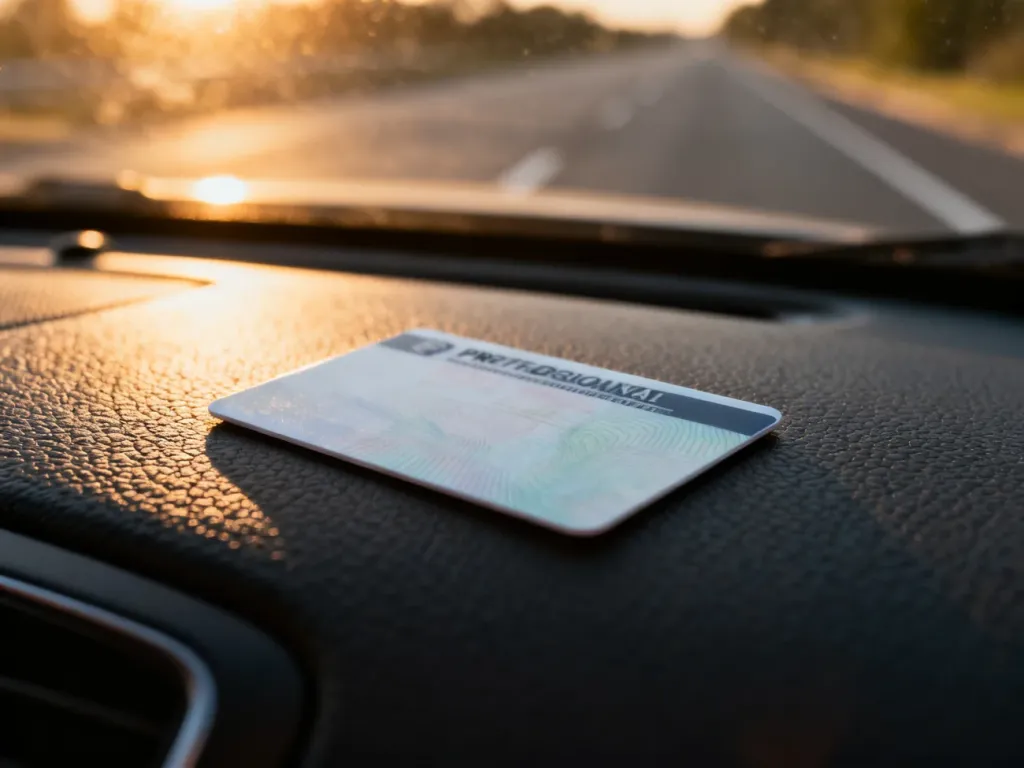 Plastikowe prawo jazdy leżące na desce rozdzielczej samochodu w świetle zachodzącego słońca.