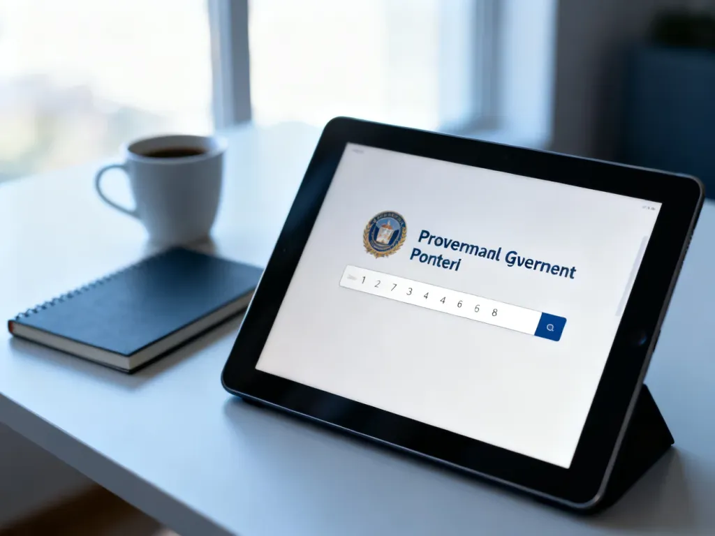 Ekran tabletu z rządowym portalem do sprawdzania punktów karnych w nowoczesnym biurze.