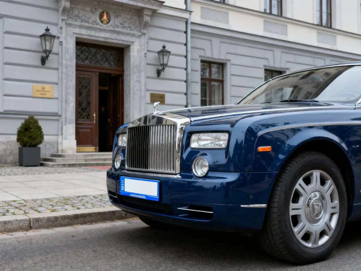 Samochód dyplomatyczny z niebieską tablicą przed budynkiem ambasady
