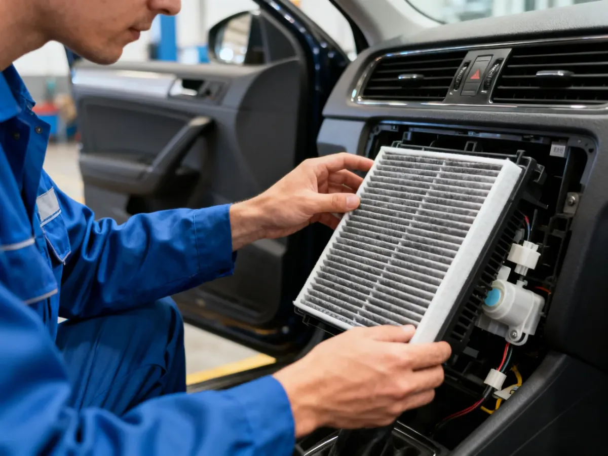 Mechanik sprawdzający filtr kabinowy i układ wentylacji samochodu