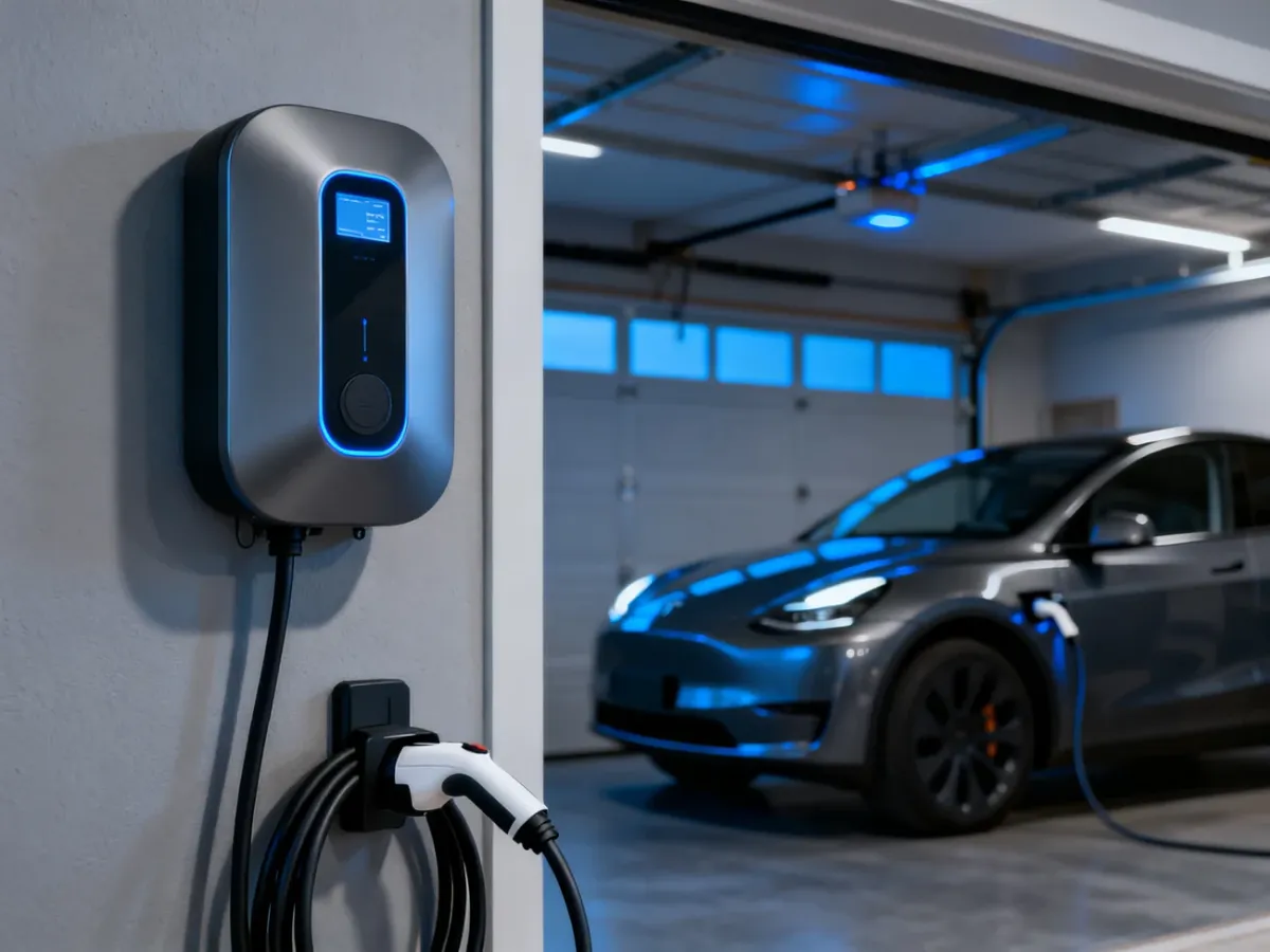 Wallbox podłączony do samochodu elektrycznego w garażu