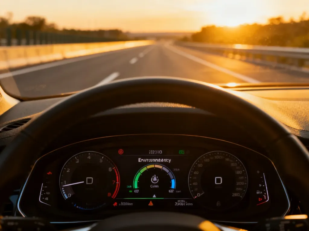 Cyfrowy wyświetlacz w samochodzie prezentujący dane o emisji spalin na tle nowoczesnej autostrady o zachodzie słońca.