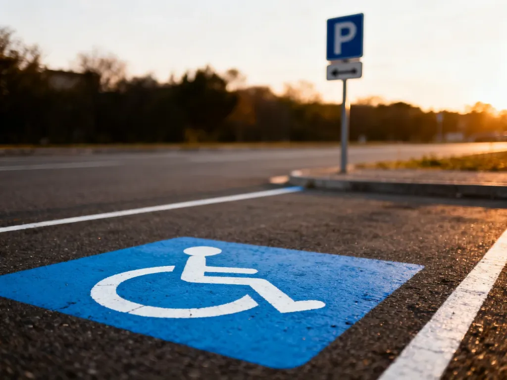 Niebieskie miejsce parkingowe z wyraźnym symbolem wózka inwalidzkiego namalowanym na asfalcie.