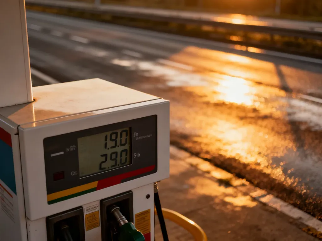 Dystrybutor paliwa z wyświetlaczem cen na tle autostrady o zachodzie słońca, ilustrujący temat wysokich kosztów paliwa.