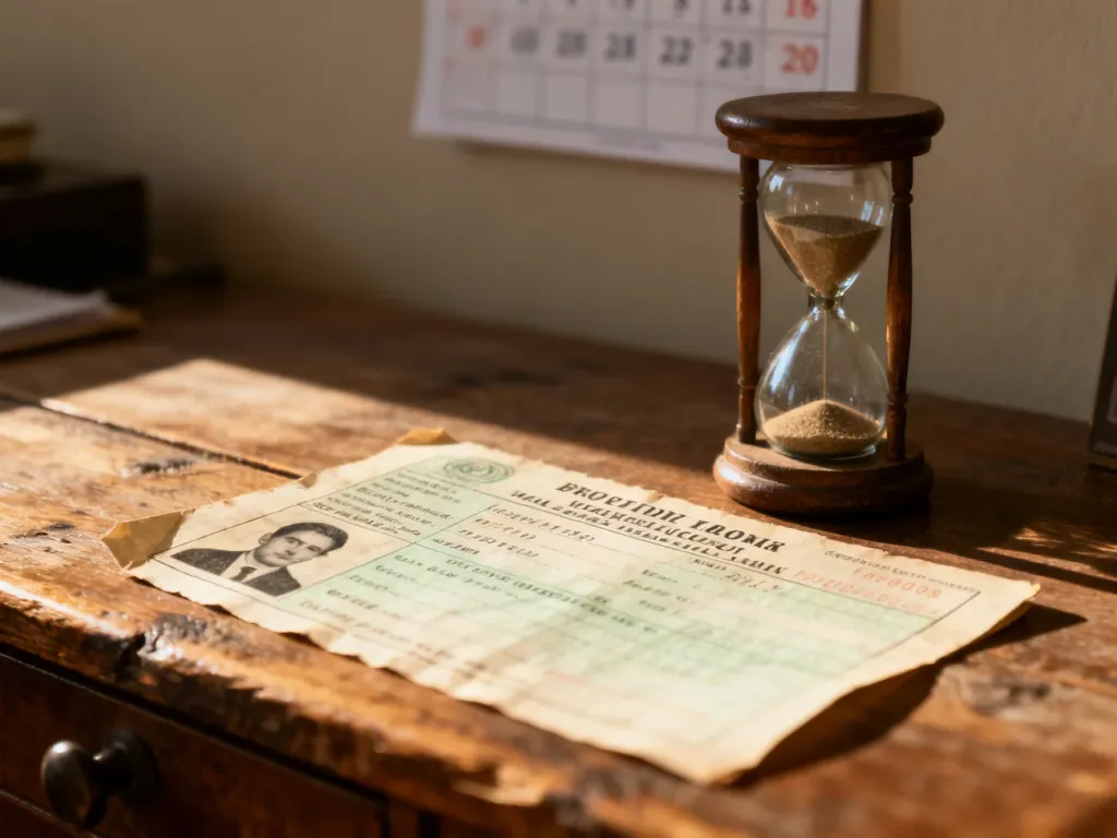 Stare prawo jazdy i klepsydra na drewnianym stole, symbolizujące upływający czas ważności dokumentów.