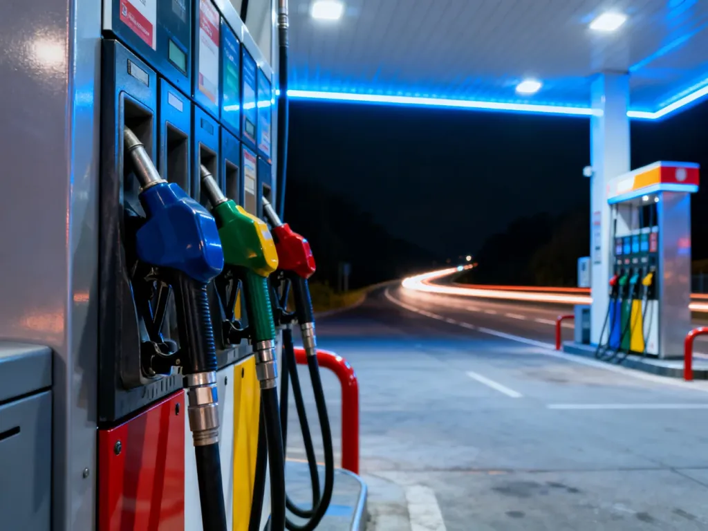 Nowoczesna stacja benzynowa Skolima nocą z oświetlonymi dystrybutorami paliwa i widoczną w tle drogą.