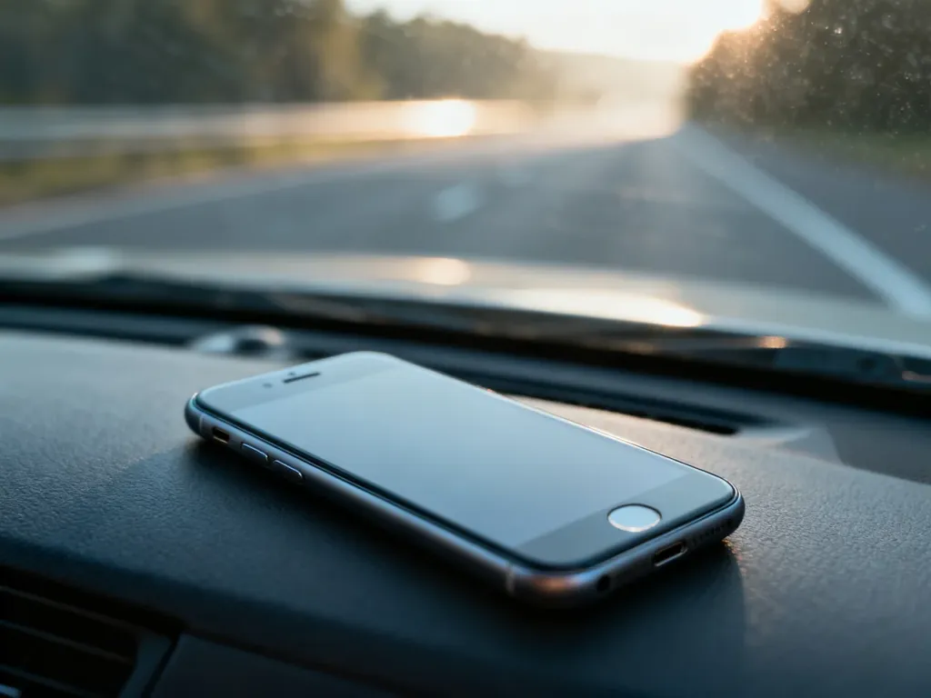 Smartfon leżący na desce rozdzielczej samochodu z widokiem na drogę przez przednią szybę.