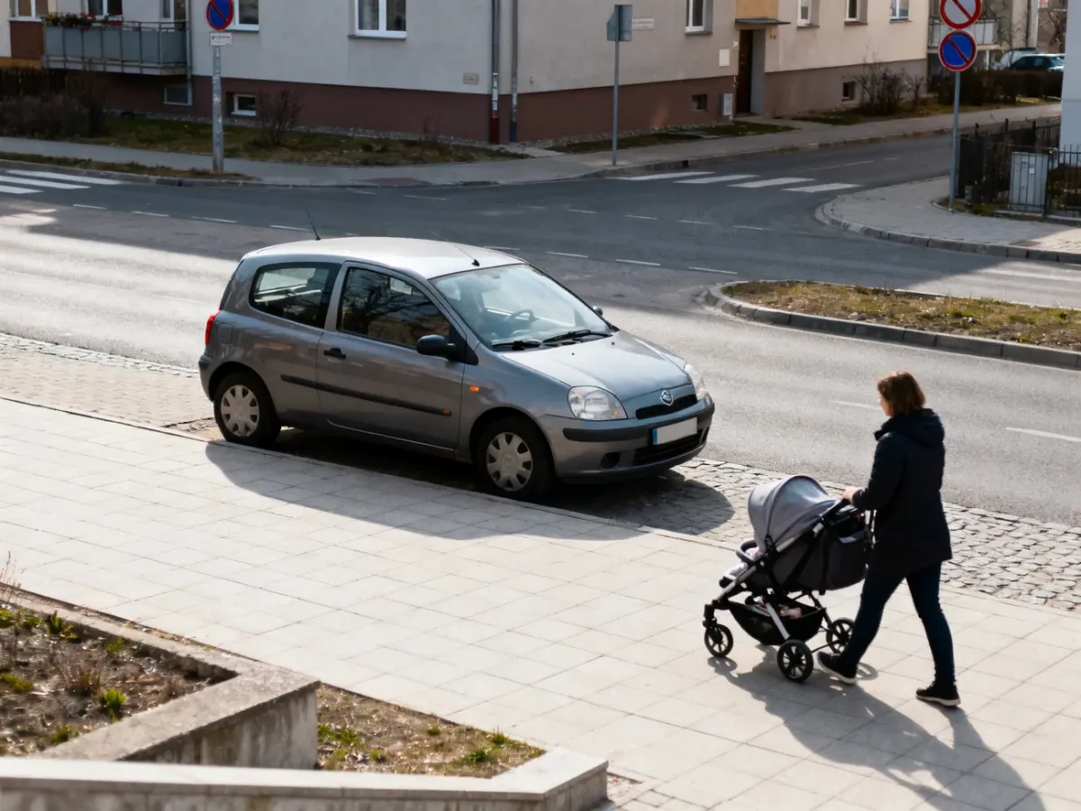 Samochód zaparkowany częściowo na chodniku z zachowaniem szerokiego przejścia dla pieszych