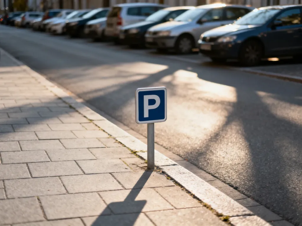 Znak drogowy wskazujący zasady parkowania na chodniku przy miejskiej ulicy z uporządkowanymi miejscami postojowymi.