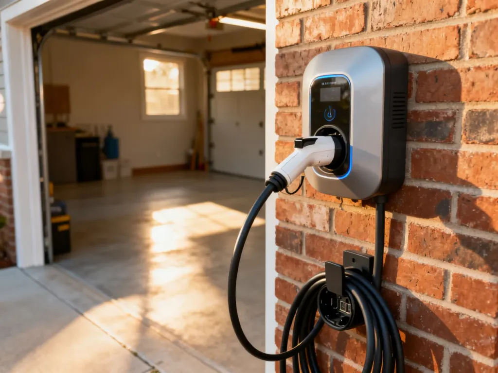 Nowoczesna stacja ładowania samochodu elektrycznego zamontowana na ceglanej ścianie w przydomowym garażu.