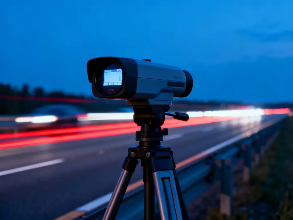 Nowoczesny fotoradar ustawiony przy autostradzie o zmierzchu, rejestrujący ruch pojazdów w celu kontroli prędkości.