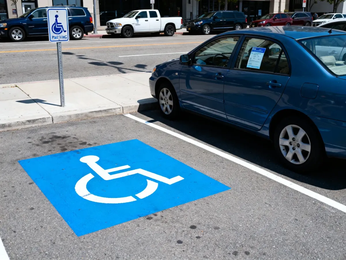 Niebieskie miejsce parkingowe dla osoby z niepełnosprawnością z symbolem wózka