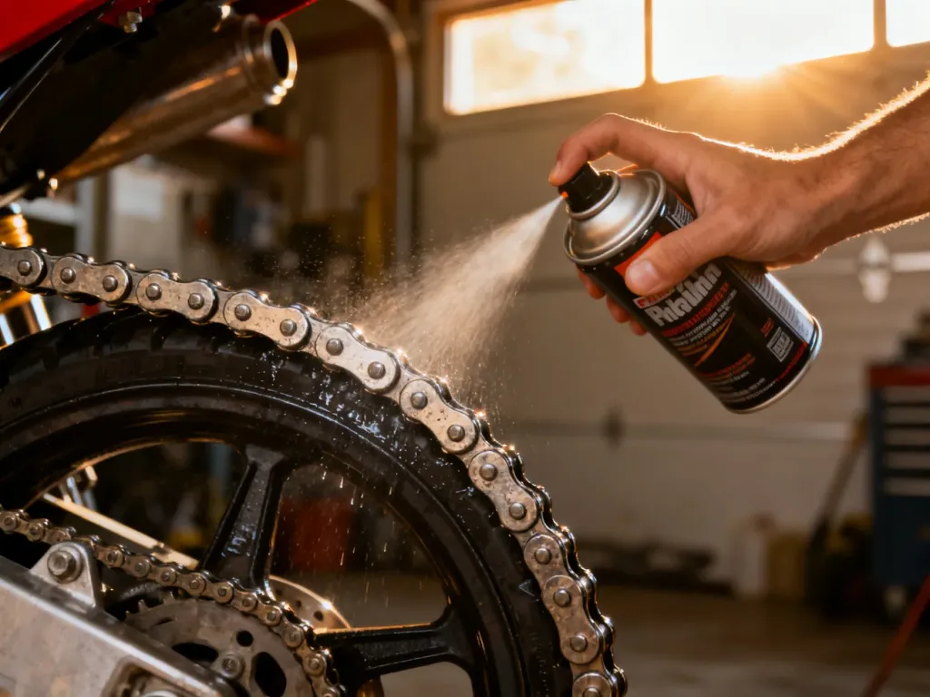 Zbliżenie na czyszczenie i smarowanie łańcucha motocyklowego przy użyciu profesjonalnego preparatu w sprayu.