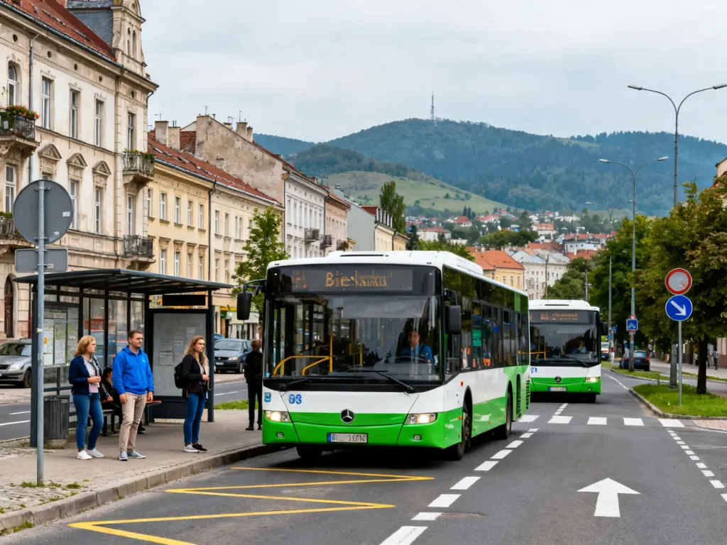 Nowoczesne zielono-białe autobusy na przystanku w Bielsku-Białej, pasażerowie czekają w tle kamienic i wzgórz, no text on the picture