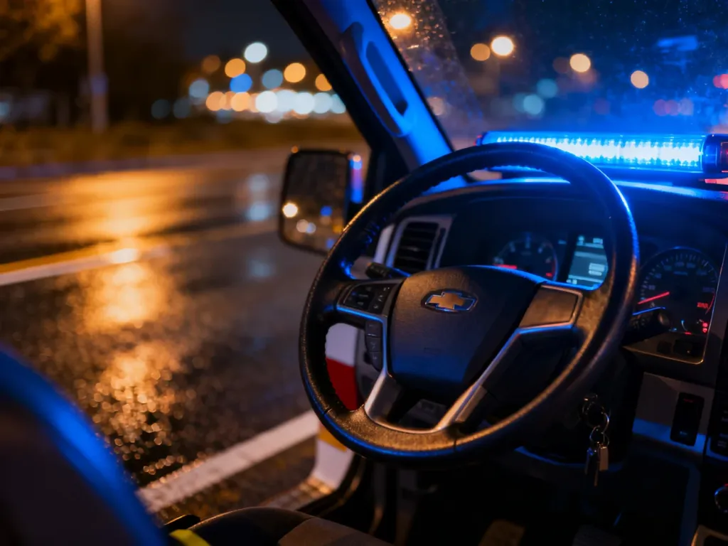Kierownica pojazdu uprzywilejowanego z niebieskimi światłami odbijającymi się na desce rozdzielczej w nocnej scenerii.