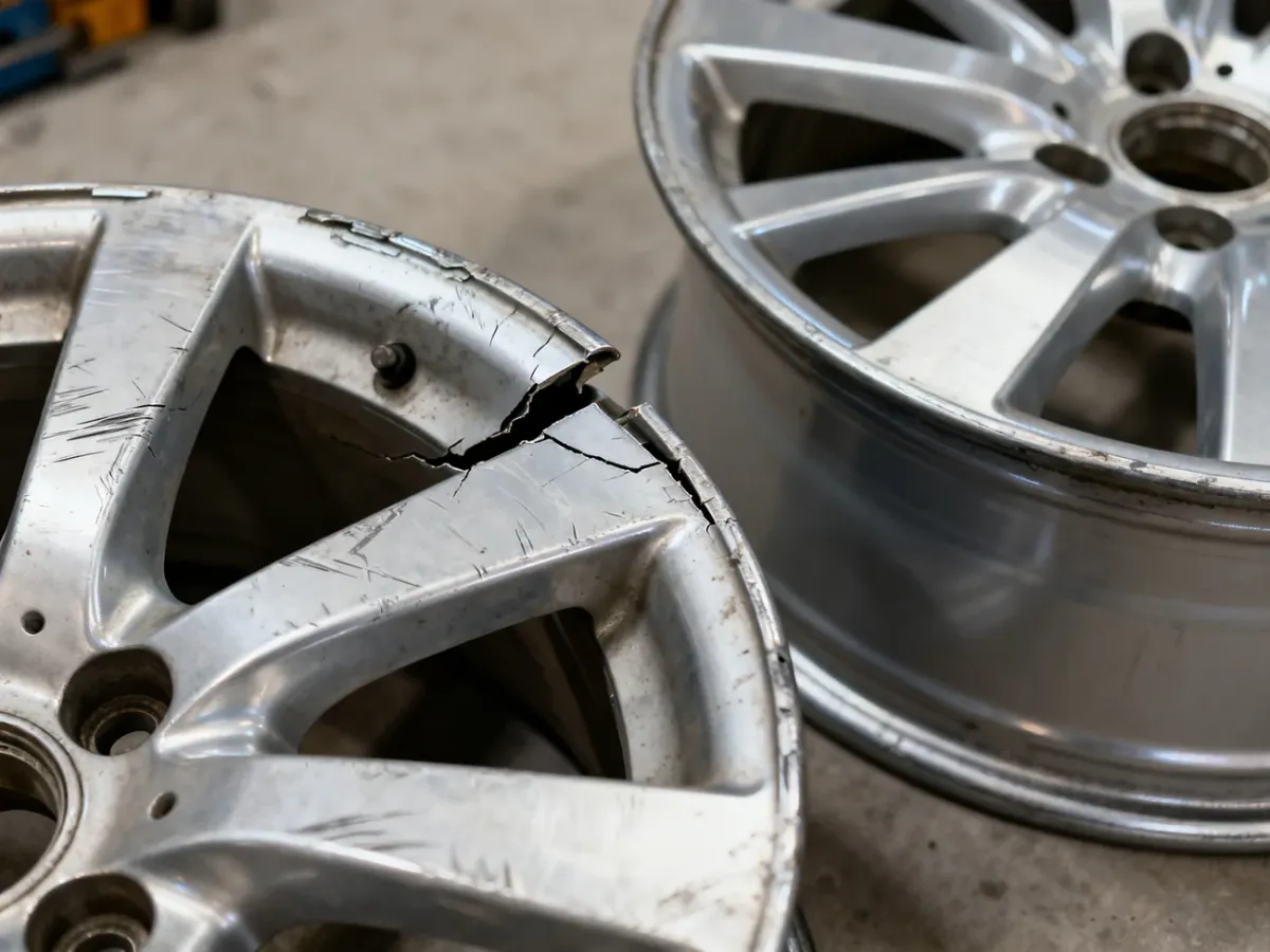 Uszkodzona felga aluminiowa zestawiona ze sprawną felgą zamienną