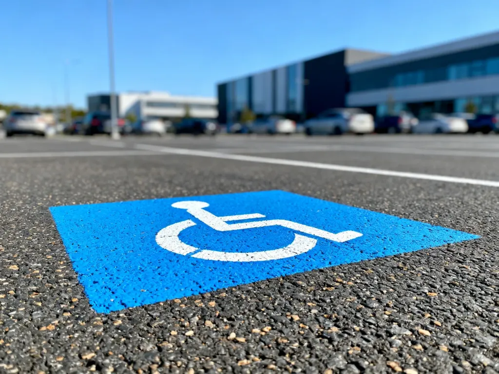 Miejsce parkingowe oznaczone niebieską kopertą z symbolem wózka inwalidzkiego, przeznaczone wyłącznie dla osób niepełnosprawnych.