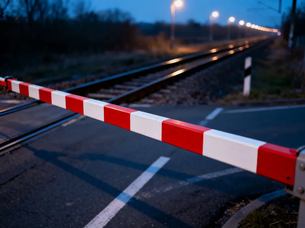 Opadnięta zapora na przejeździe kolejowym o zmierzchu, sygnalizująca zakaz wjazdu dla pojazdów.