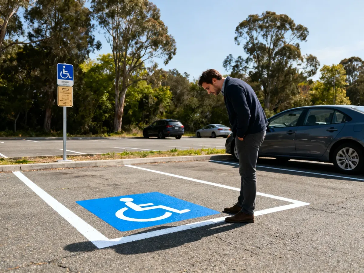 Kierowca sprawdzający oznakowanie zastrzeżonego miejsca parkingowego