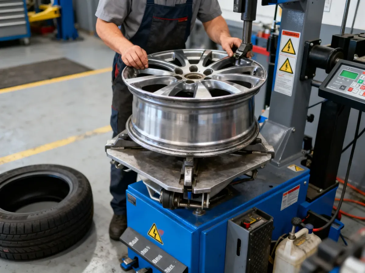 Mechanik mierzący i prostujący aluminiową felgę na specjalistycznym urządzeniu