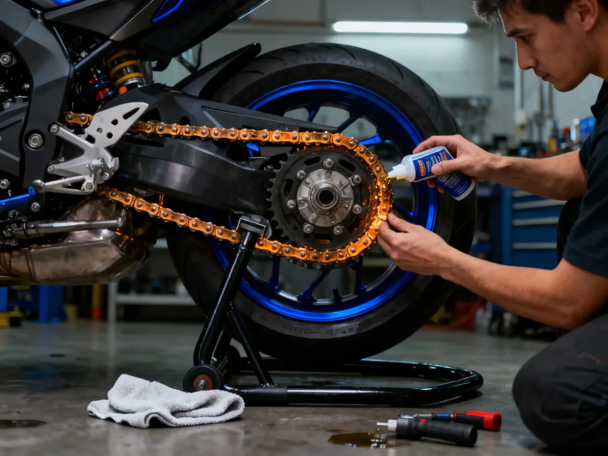 Smarowanie łańcucha motocyklowego od wewnętrznej strony